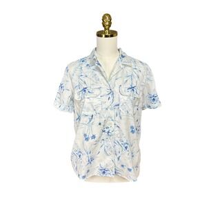 Vtg Villager Sport Petite Medium Blue White Tropical Cotton Button Down Shirt